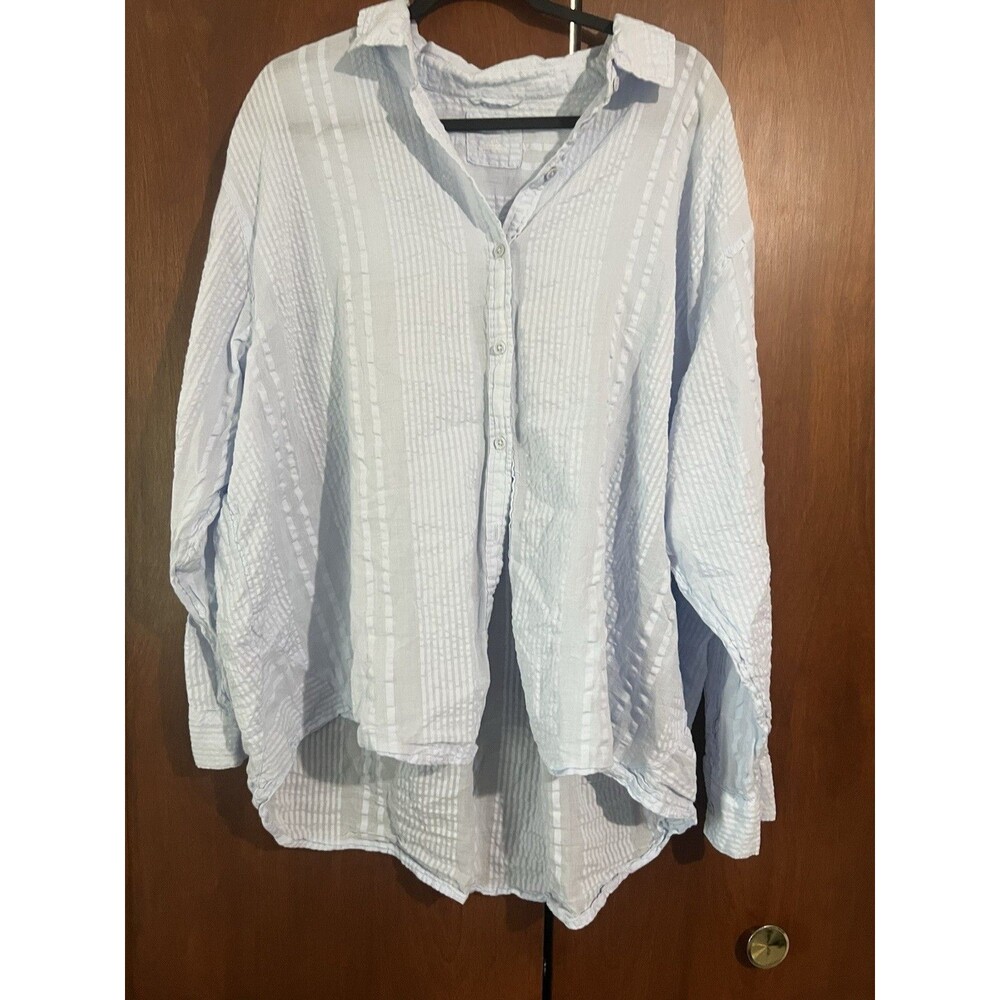 Aerie Women's Blue Seersucker Button-Up Long Sleeve Shirt Swim Cover L Oversized